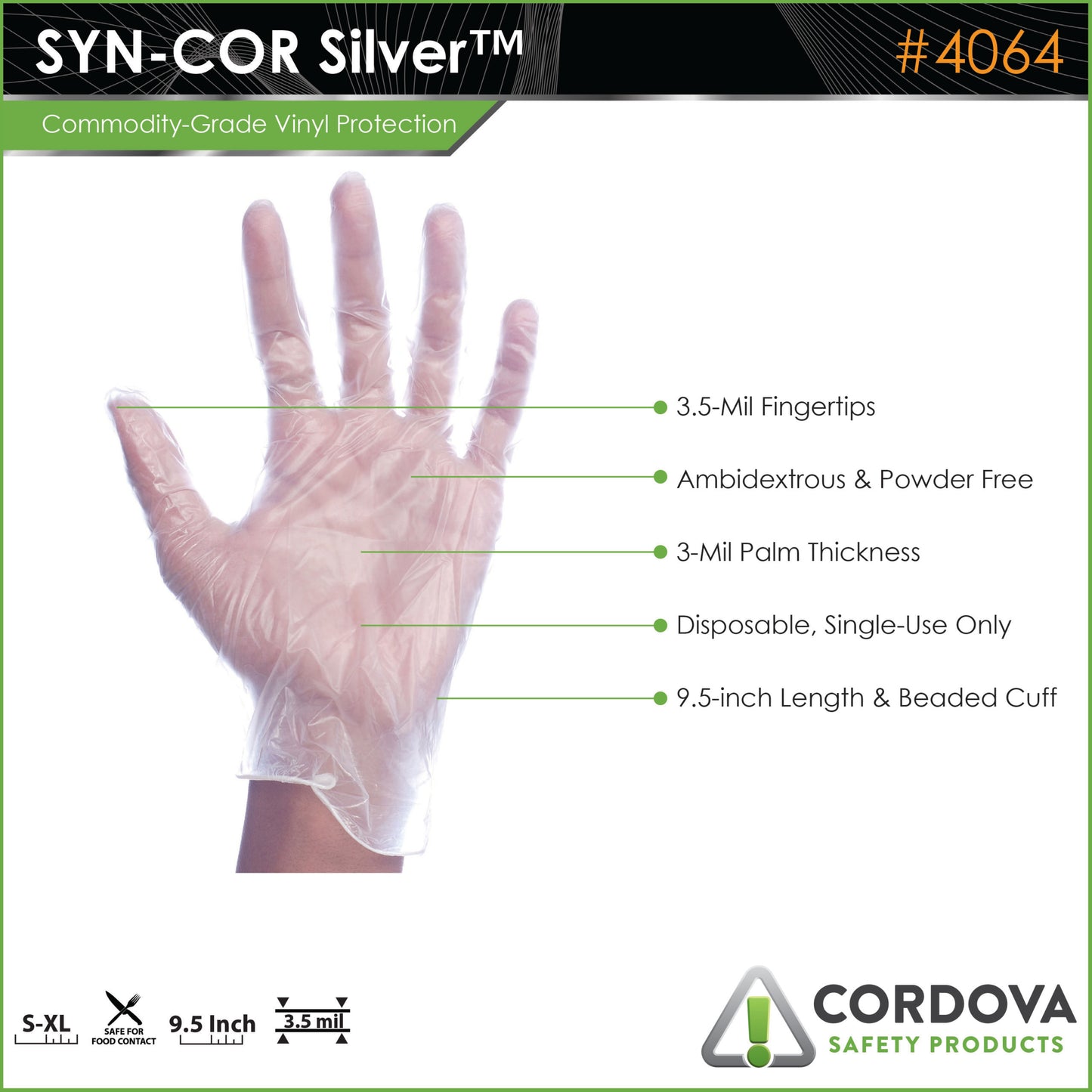 Guantes de vinilo desechable, sin polvo, 3 mil, blanco No. 4064