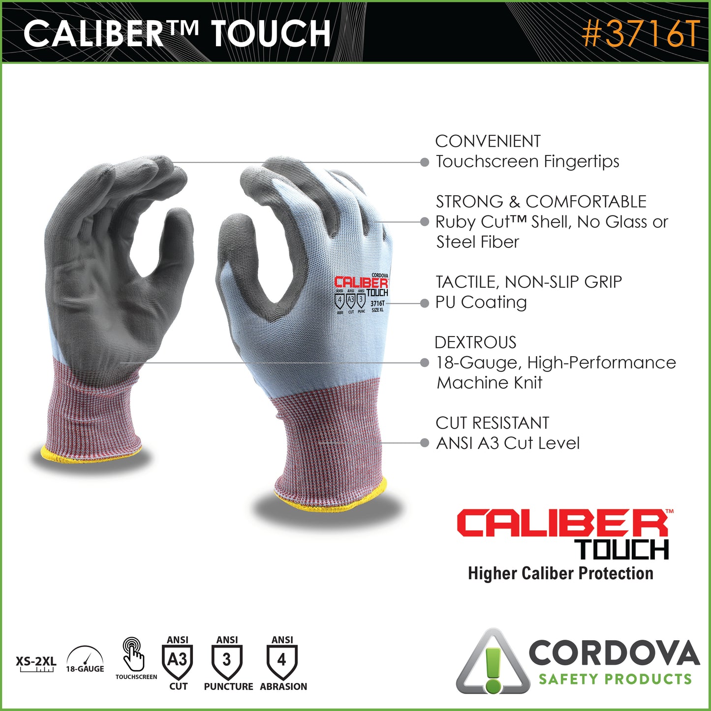 Guantes CALIBER TOUCH™, Fibra RubyCut™, A3 No. 3716T