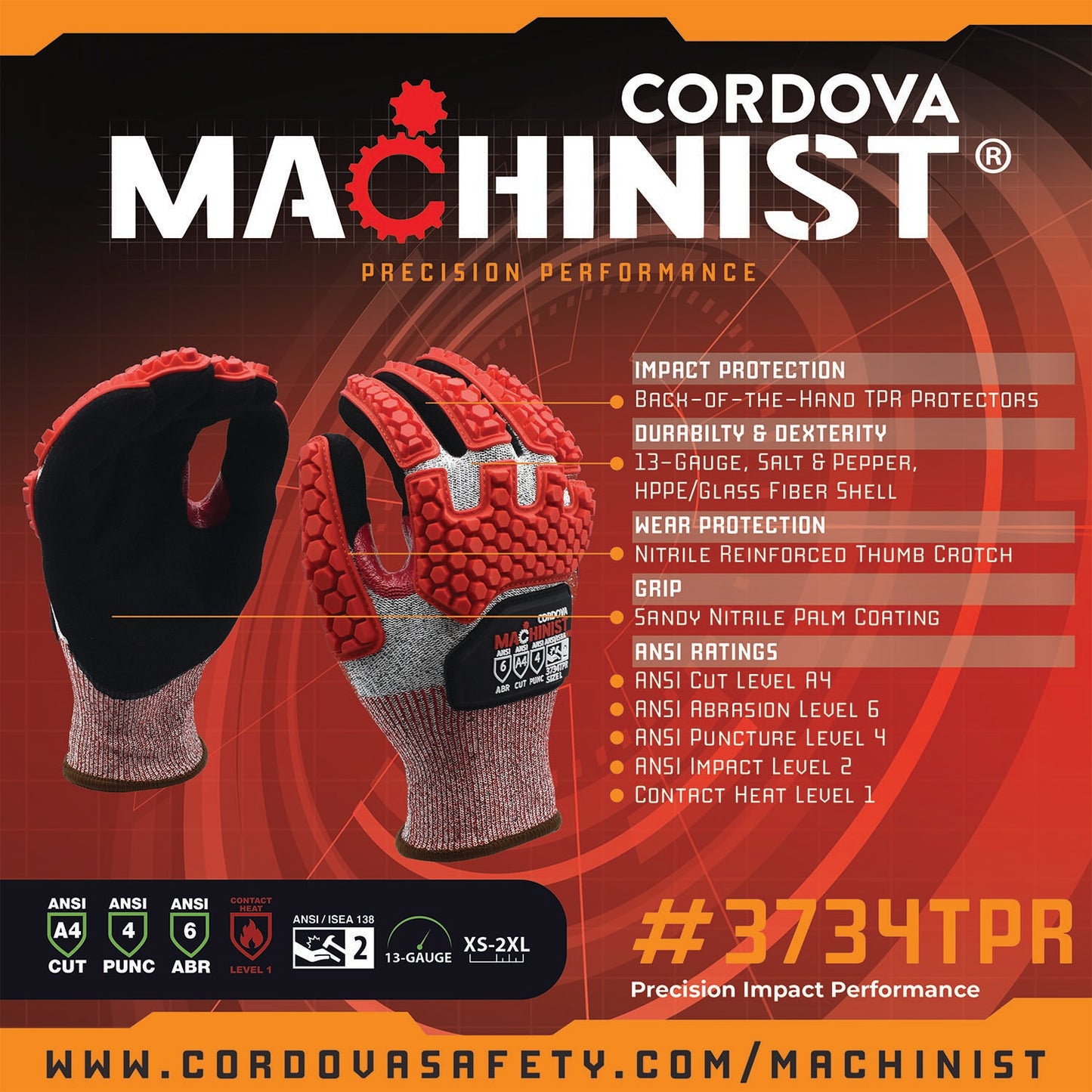 Guantes para actividad de alto impacto MACHINIST®, HPPE/vidrio, A4, No. 3734TPR