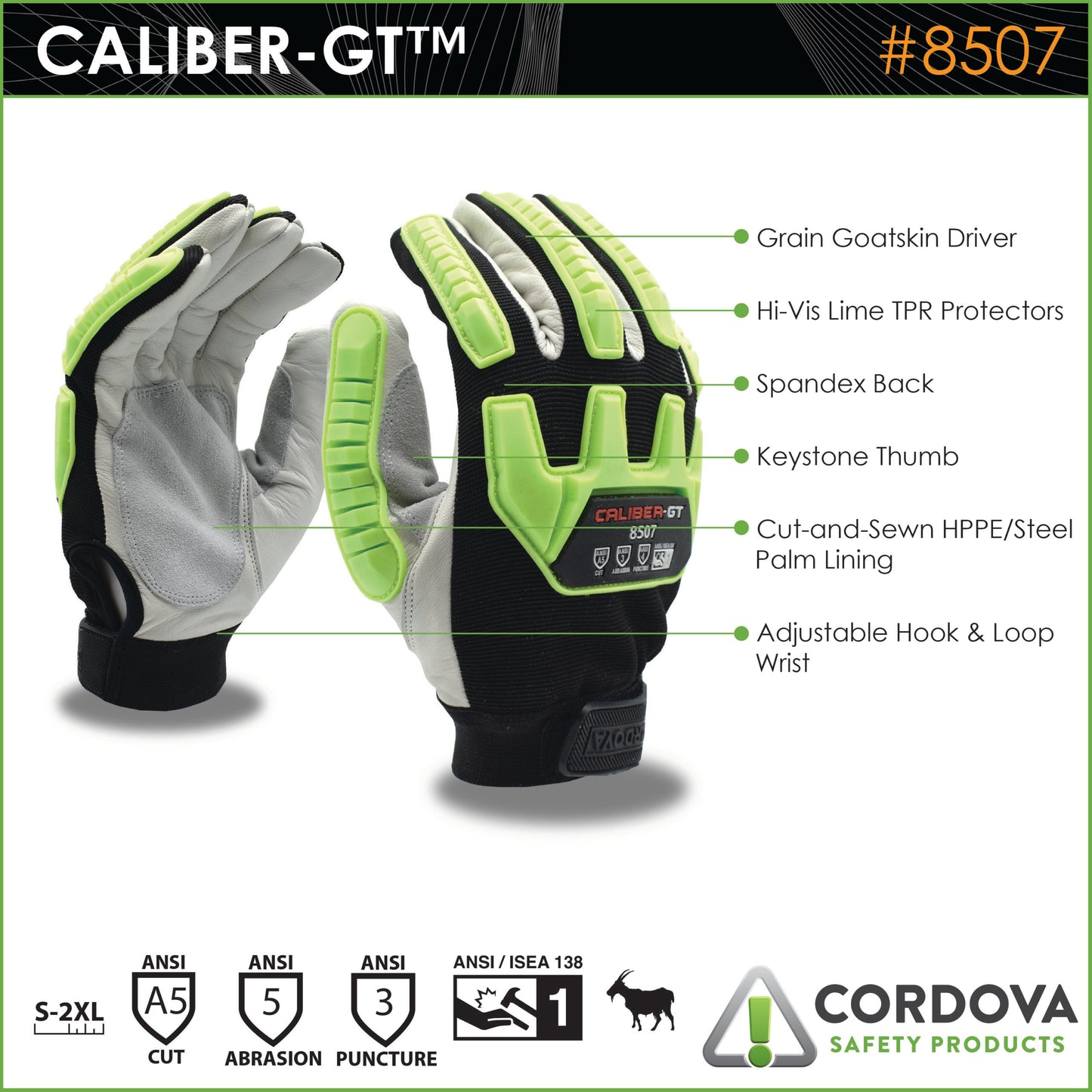 Guantes para actividad de alto impacto CALIBER-GT™, piel de cabra, grano, A5 No. 8507