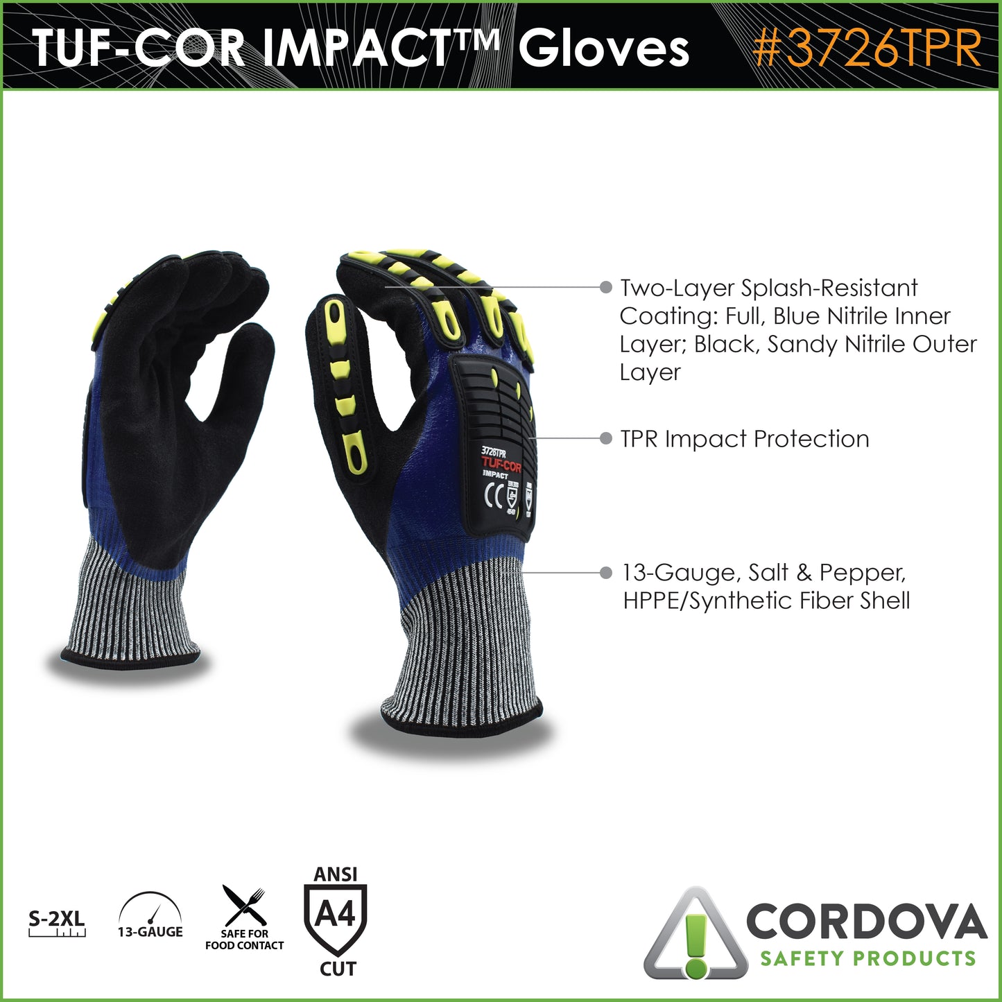 Guantes TUF-COR Impact™, HPPE, A4 No. 3726TPR